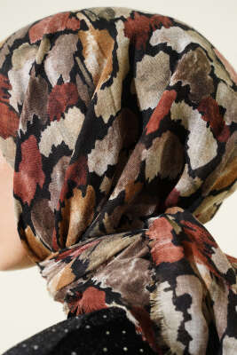 Flamlı Ebruli Desenli Eşarp Siyah Latte - Başörtüsü