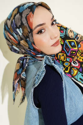 Flamlı Ebruli Desenli Eşarp Siyah Vizon 