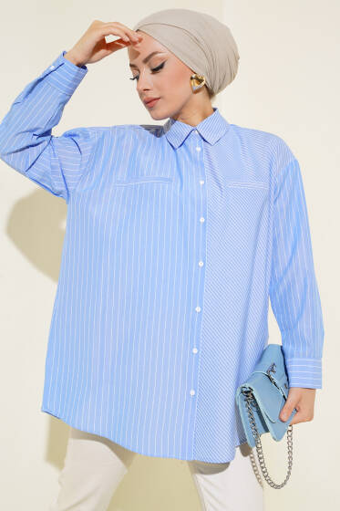 Fleto Cepli Çizgili Gömlek Mavi - Gömlek