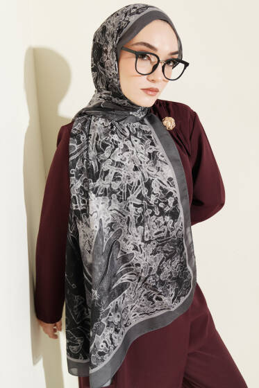 Fleur Desen Liva Modal Şal Füme - Başörtüsü