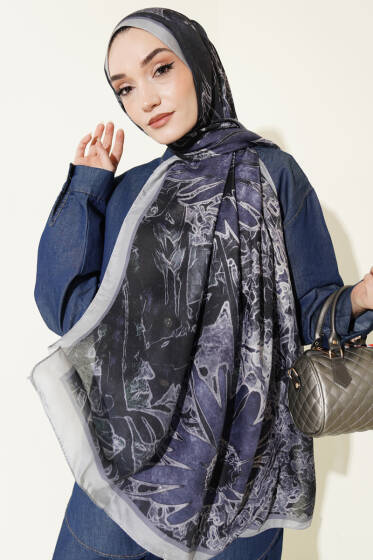 Fleur Desen Liva Modal Şal Gri - Başörtüsü