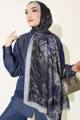 Fleur Desen Liva Modal Şal Gri - Başörtüsü