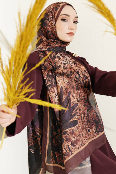Fleur Desen Liva Modal Şal Kahve - Başörtüsü