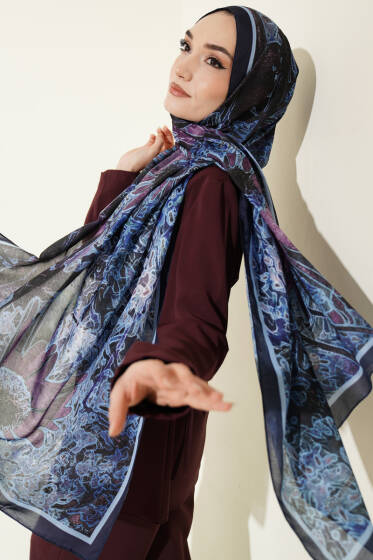Fleur Desen Liva Modal Şal Lacivert - Başörtüsü
