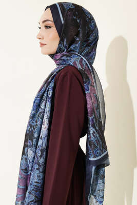 Fleur Desen Liva Modal Şal Lacivert - Başörtüsü