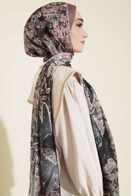 Fleur Desen Liva Modal Şal Sütlü Kahve - Başörtüsü