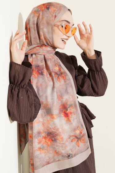 Floral Batik Desen Şal Kum Bej - Başörtüsü