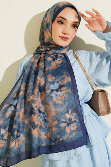 Floral Batik Desen Şal Lacivert - Başörtüsü