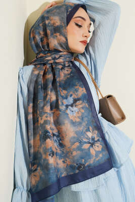 Floral Batik Desen Şal Lacivert - Başörtüsü