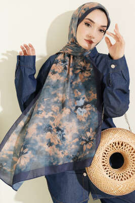 Floral Batik Desen Şal Lacivert - Başörtüsü