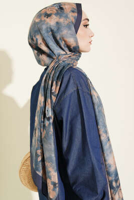 Floral Batik Desen Şal Lacivert - Başörtüsü
