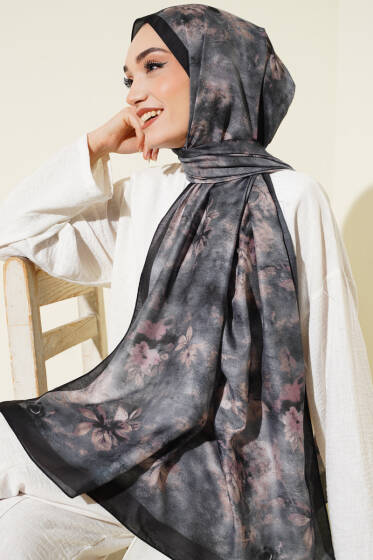 Floral Batik Desen Şal Siyah Bej - Başörtüsü
