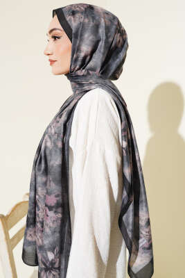 Floral Batik Desen Şal Siyah Bej - Başörtüsü