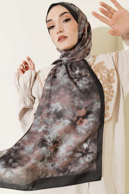 Floral Batik Desen Şal Siyah Gri 