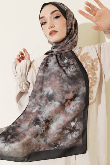 Floral Batik Desen Şal Siyah Gri - Başörtüsü