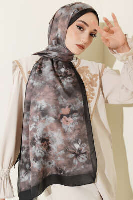 Floral Batik Desen Şal Siyah Gri - Başörtüsü