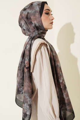 Floral Batik Desen Şal Siyah Gri - Başörtüsü