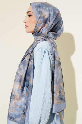 Floral Batik Desen Şal Soft Mavi - Başörtüsü