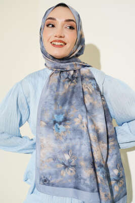 Floral Batik Desen Şal Soft Mavi 
