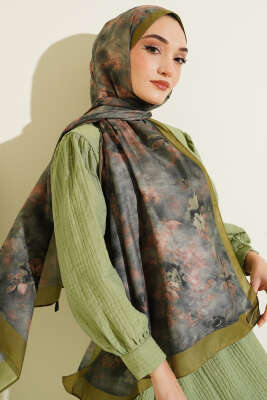 Floral Batik Desen Şal Zeytin Yeşili - VERTU (NYD TEKSTİL)
