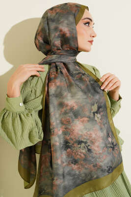 Floral Batik Desen Şal Zeytin Yeşili - Yılın Fırsatı