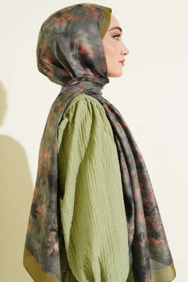 Floral Batik Desen Şal Zeytin Yeşili - Yılın Fırsatı