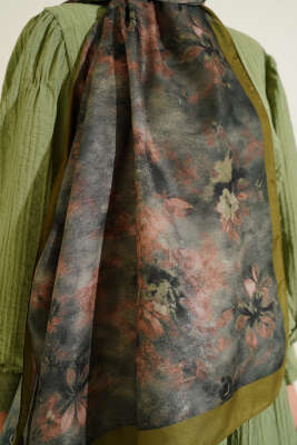 Floral Batik Desen Şal Zeytin Yeşili - Yılın Fırsatı