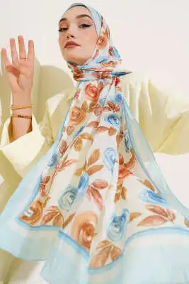 Floral Desenli Bambu Kraş Şal Bebe Mavi 