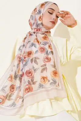 Floral Desenli Bambu Kraş Şal Bej 