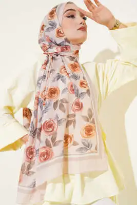 Floral Desenli Bambu Kraş Şal Bej - Başörtüsü