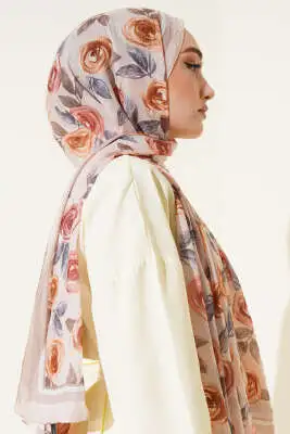 Floral Desenli Bambu Kraş Şal Bej - Başörtüsü