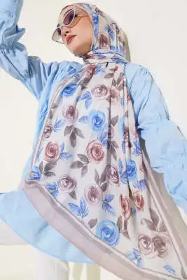 Floral Desenli Bambu Kraş Şal Bej Mavi 