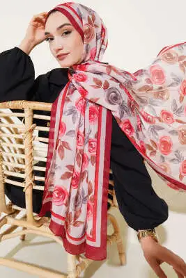 Floral Desenli Bambu Kraş Şal Bordo 