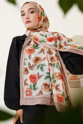 Floral Desenli Bambu Kraş Şal Camel 