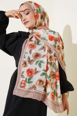 Floral Desenli Bambu Kraş Şal Camel - Başörtüsü
