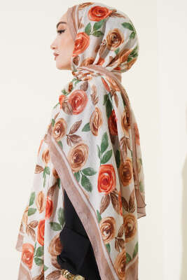 Floral Desenli Bambu Kraş Şal Camel - Başörtüsü