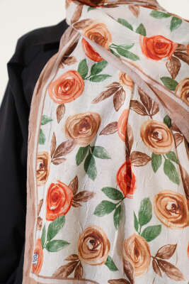 Floral Desenli Bambu Kraş Şal Camel - Başörtüsü