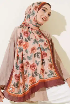 Floral Desenli Bambu Kraş Şal Kahve - Başörtüsü