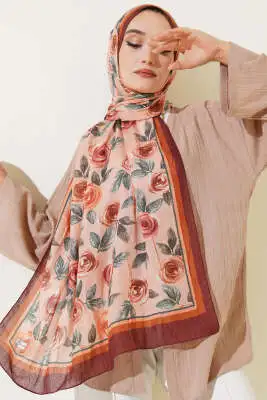 Floral Desenli Bambu Kraş Şal Kahve - Başörtüsü