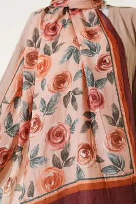 Floral Desenli Bambu Kraş Şal Kahve - Başörtüsü