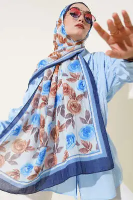 Floral Desenli Bambu Kraş Şal Lacivert - Başörtüsü