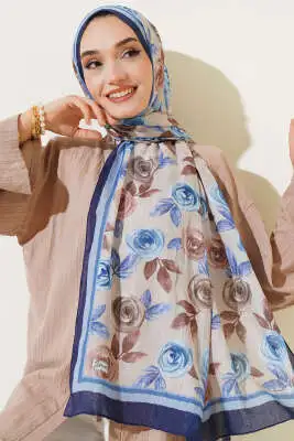 Floral Desenli Bambu Kraş Şal Lacivert Bej 