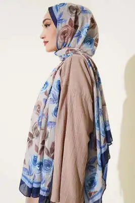 Floral Desenli Bambu Kraş Şal Lacivert Bej - Başörtüsü
