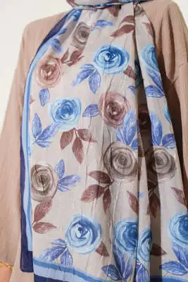 Floral Desenli Bambu Kraş Şal Lacivert Bej - Başörtüsü