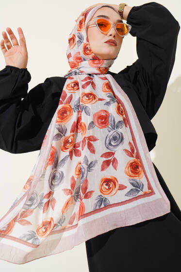 Floral Desenli Bambu Kraş Şal Latte - Başörtüsü