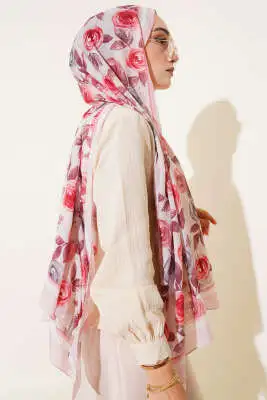 Floral Desenli Bambu Kraş Şal Pudra - Başörtüsü