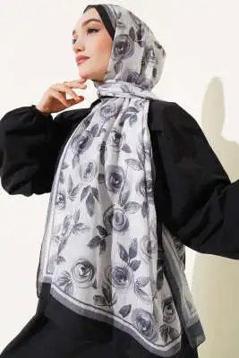 Floral Desenli Bambu Kraş Şal Siyah - Başörtüsü