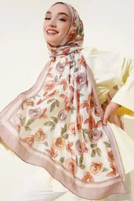 Floral Desenli Bambu Kraş Şal Soft Kahve 