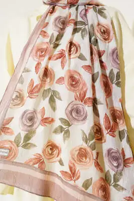Floral Desenli Bambu Kraş Şal Soft Kahve - Başörtüsü