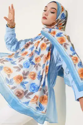 Floral Desenli Bambu Kraş Şal Soft Mavi 